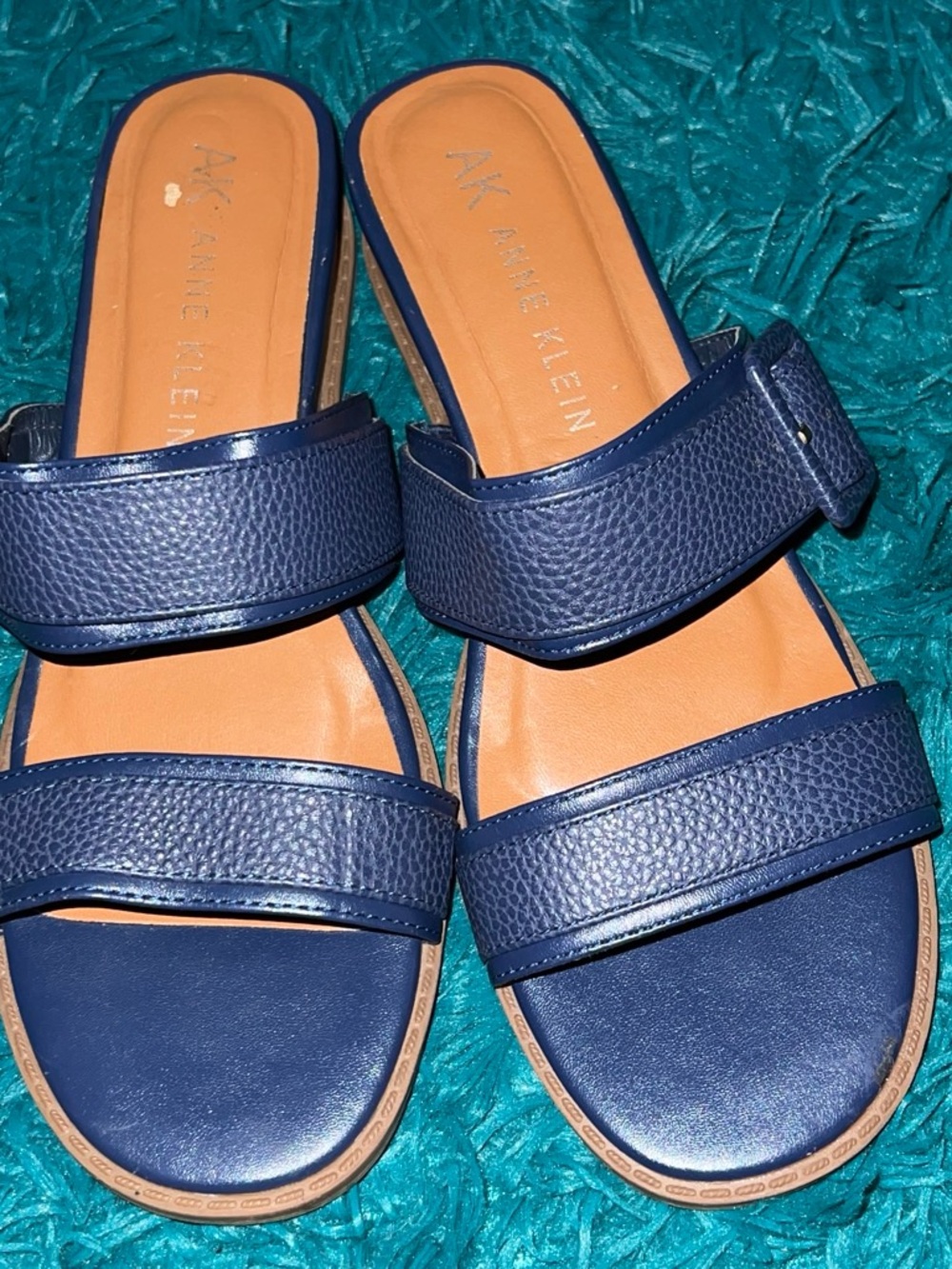 Anne Klein Navy Double-Strap Slide Sandals with Tan Footbed